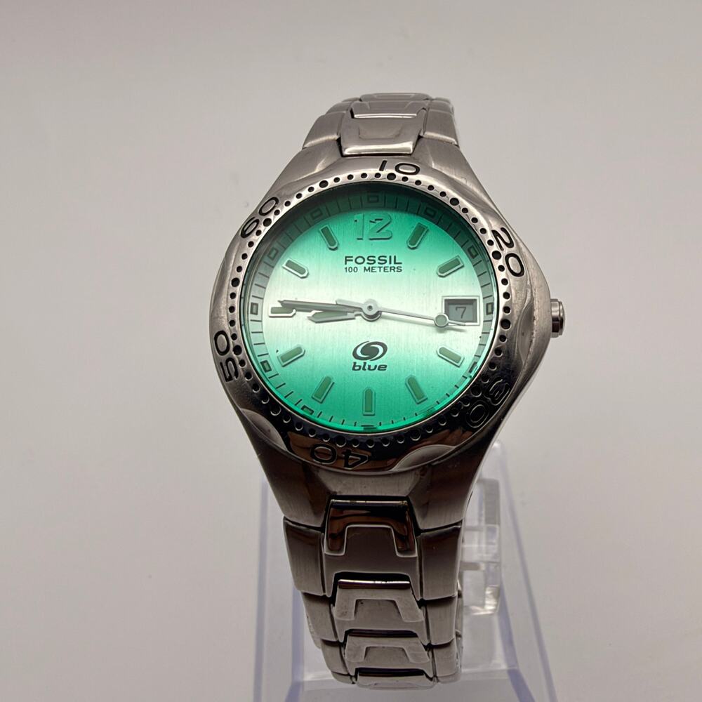 Fossil Blue AM-3632 Men's Stainless Steel Watch Working New Battery